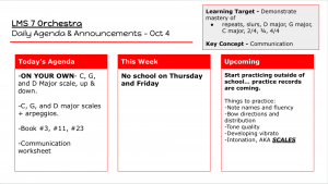 Sample 7th grade agenda with sections for today’s tasks, this week’s reminders, upcoming reminders, and learning target.